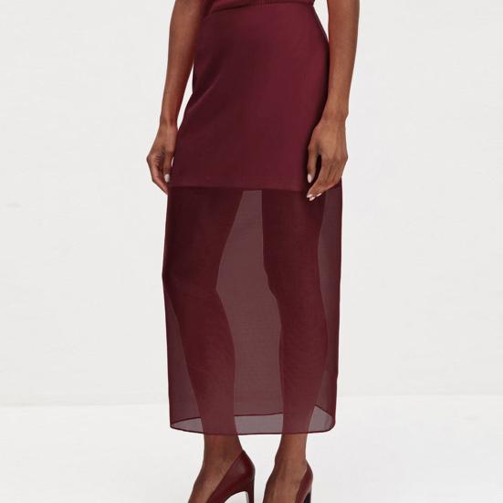 Damen Maxirock Hohe Taille Netzgarn Überzug Perspektive Einfarbiger Rock