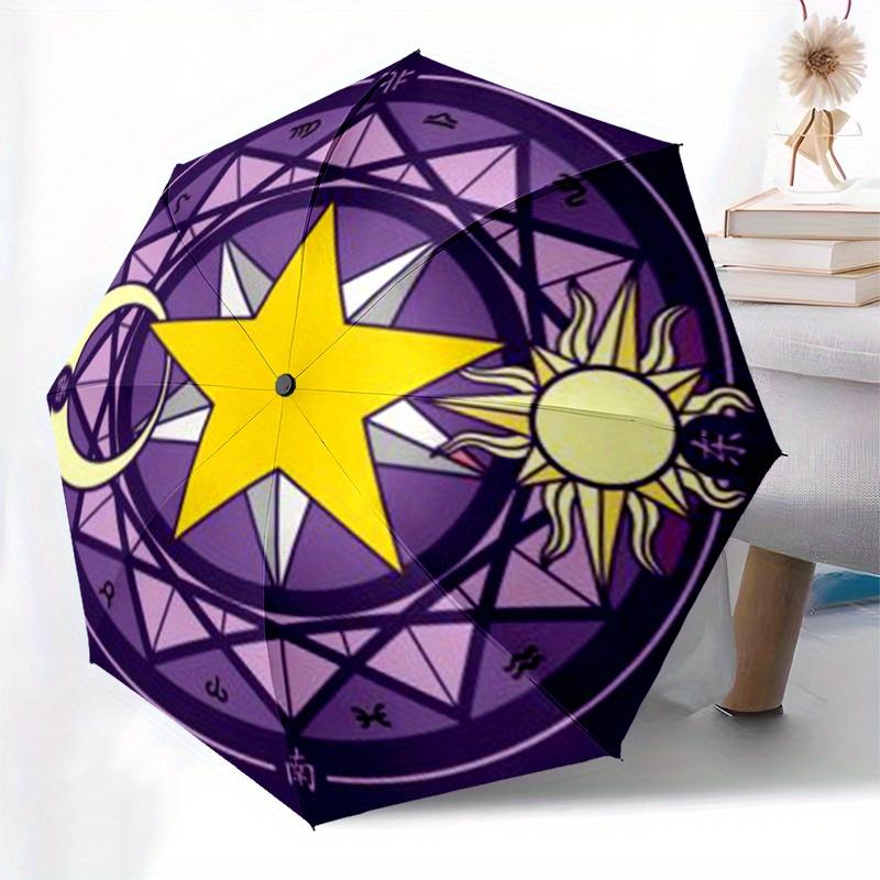Golden Star Moon Sun Symbol Circular Design Sticker DecalUmbrella, Portable 3-Fold Compact Umbrella for Men & Women Gift