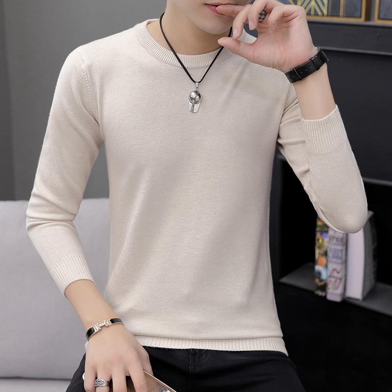 Men's White Round Neck Long Sleeve Knit Sweater for Spring, Autumn, and Winter