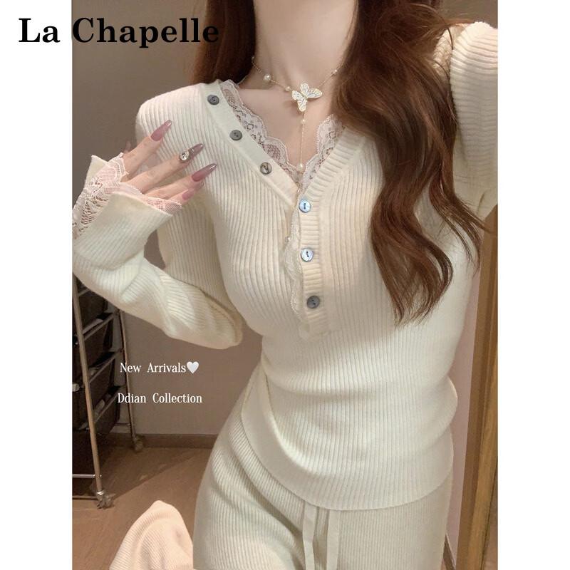 La Chapelle Women's Long-Sleeve V-Neck Lace-Paneled Base Layer T-Shirt