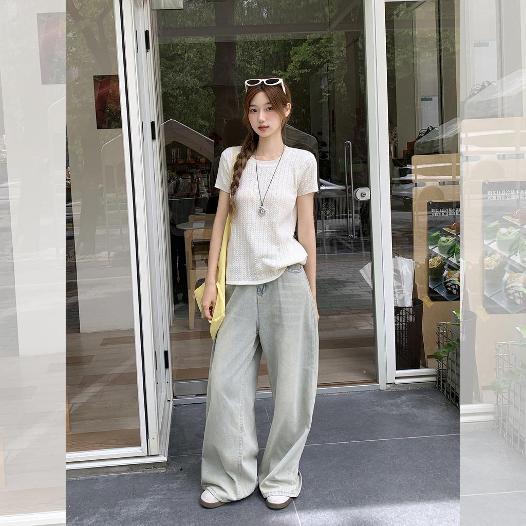 Summer beauty ootd design sense apricot knitted unique short-sleeved T-shirt women slim slim slim chic top