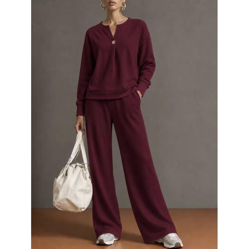Women's 2 Piece Outfit Notch V Neck Henley Top and Wide Leg Pants Set Casual Solid Color Loungewear