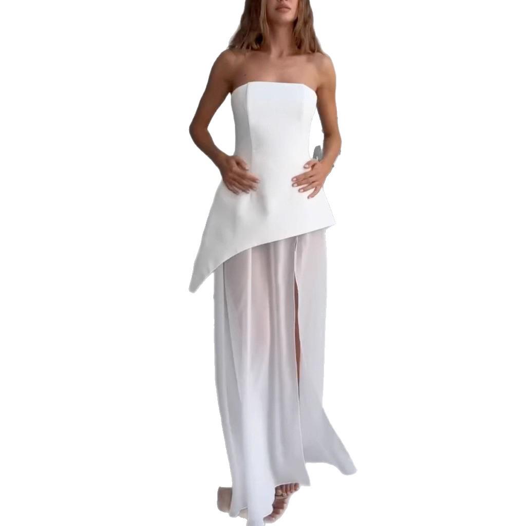 2025 Summer Women's Solid Color Bandeau Irregular Waist-Cinching Dress