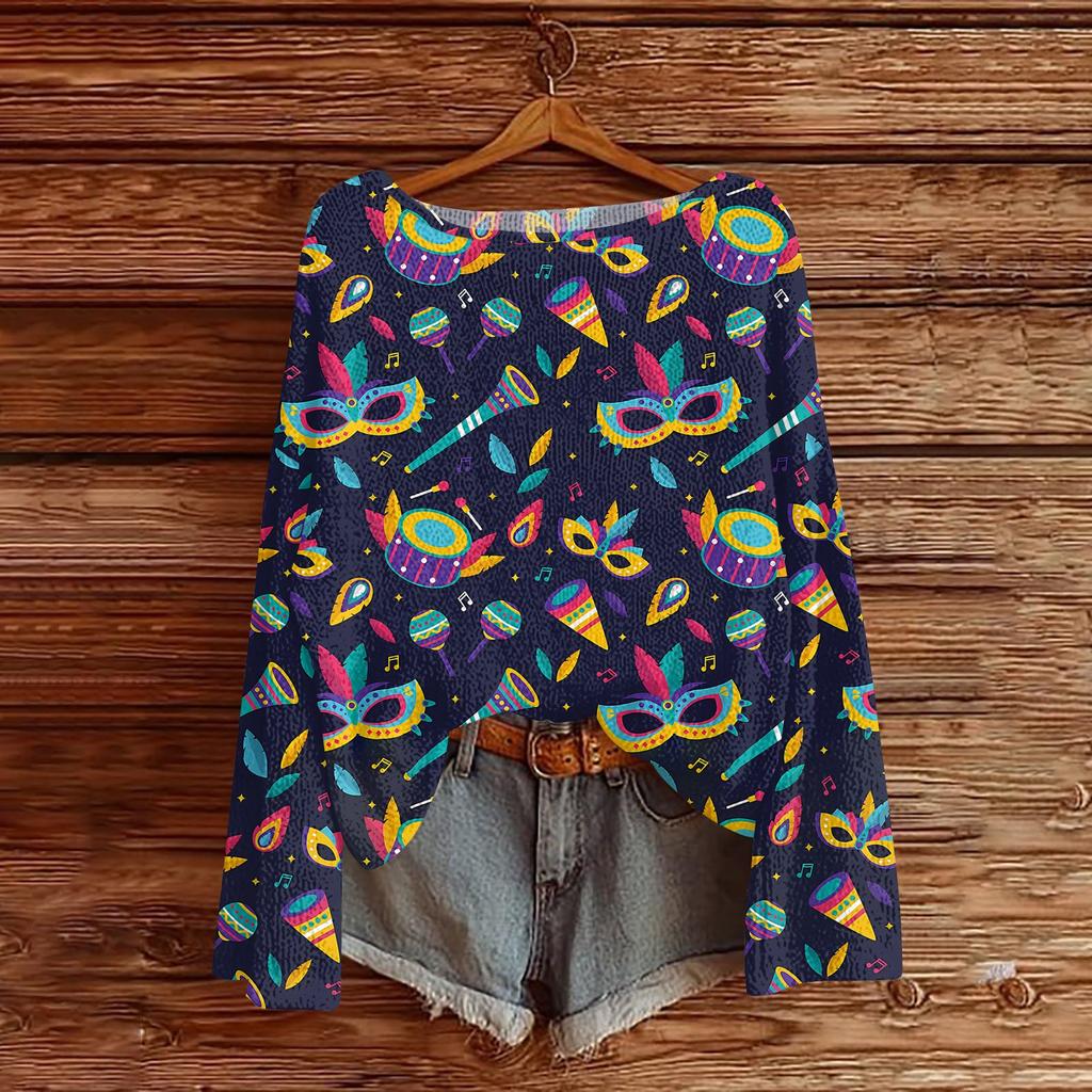 Women's Fashion Round Neck Long Sleeve Print Casual Pullover Sweater Top