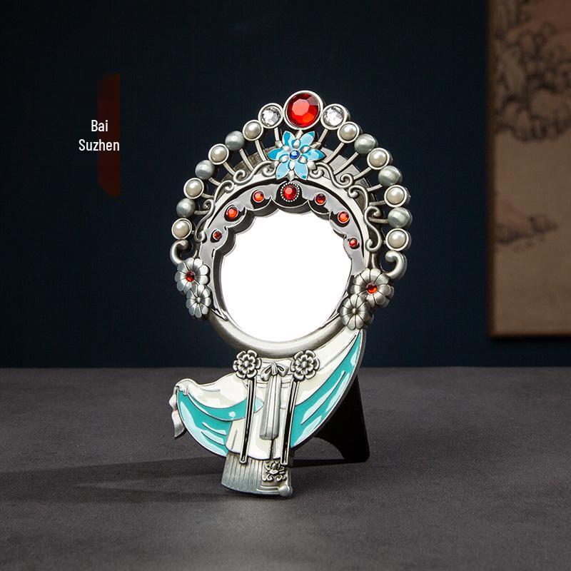 Retro Chinese Peking Opera Character Face Paint Metal Pocket Mirror – Handheld & Desktop Dual-use.