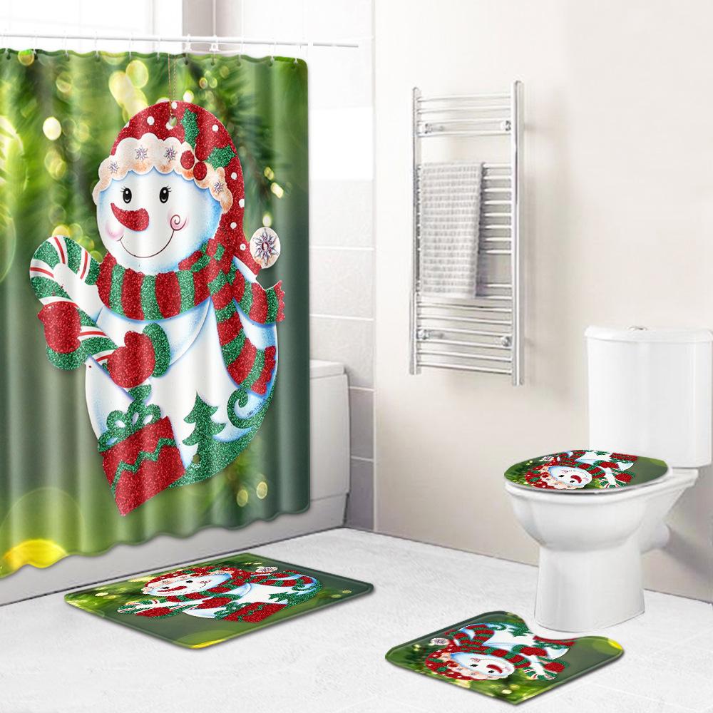 Christmas Shower Curtain Floor Mat Combination Four-Piece Set Bathroom Toilet Carpet Shower Room Mat Foot Mat