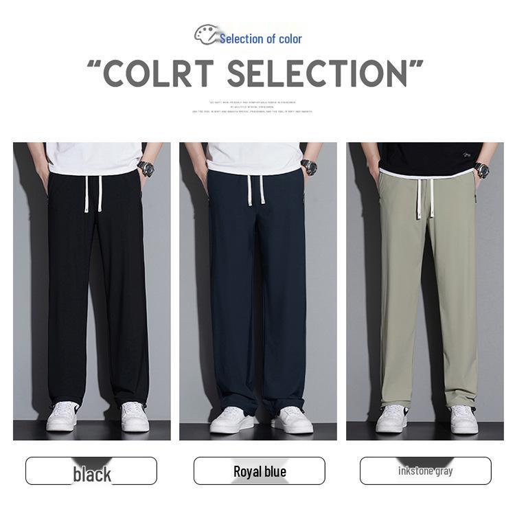 Extra dlouhé 120cm letní kalhoty z ledového hedvábí pro vysoké muže - Tenké s rovnými nohavicemi a 110cm plochou nohavicí se stahovací šňůrkou