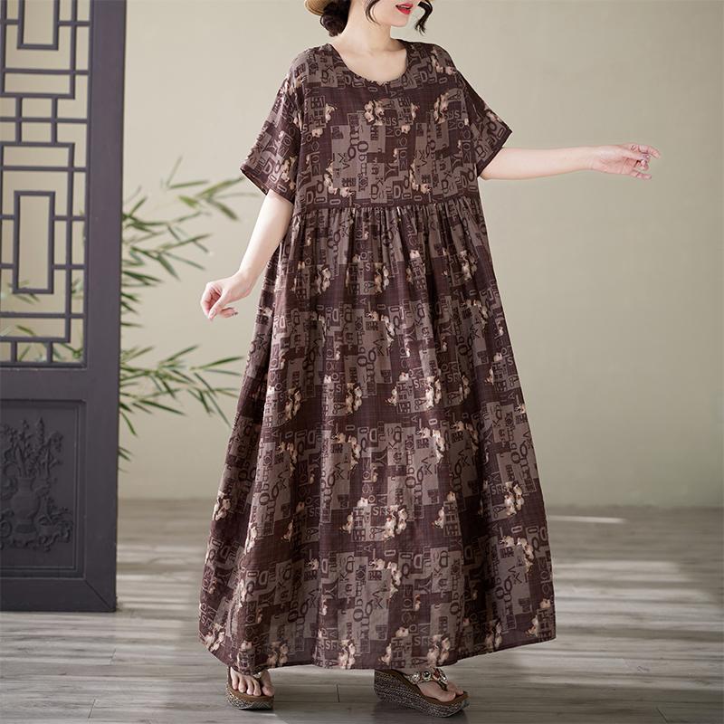 DIMANAF 2025 Summer Plus Size Dress Basic Women Casual Loose Long Vintage New Oversized Printing Dress Maxi