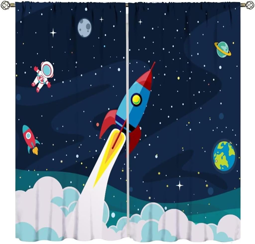 Kids Outer Space Rocket Curtains Cartoon Universe Galaxy Starry Sky Cosmos Boys Girls Study Room Bedroom Curtain For Master Made Of Polyester