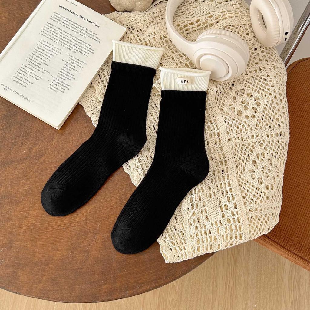 Dubbel Luo Mun Äggtyg Etikettstrumpor Flickor Koreansk Stil Personlighet Kontrastfärg Mellanhöga Strumpor Strumpor Bomullsfrottéstrumpor