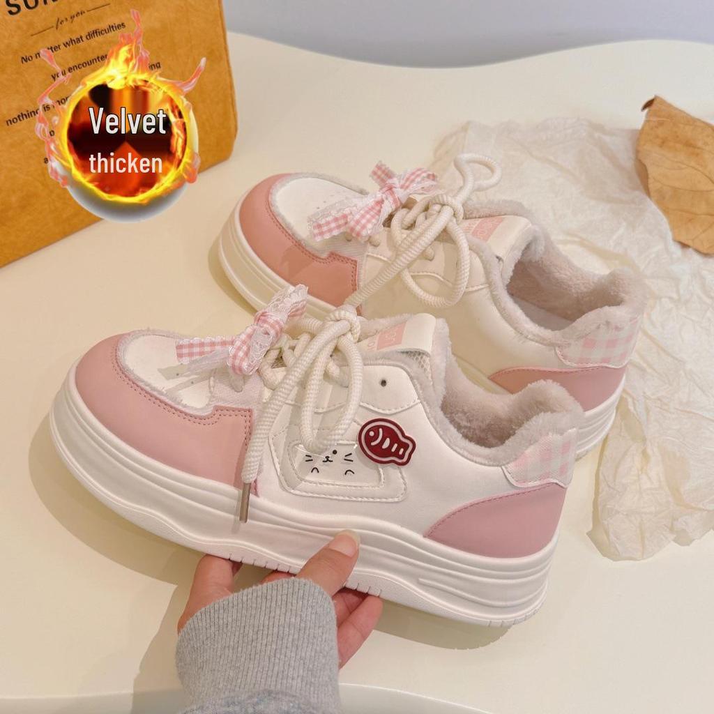 Versatile Children's Winter Plus Velvet Cat-Design Casual Warm Sneakers - White, Women's Sports Flat Shoes