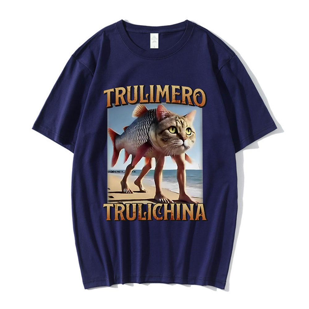 Trulimero Trulichina T-Shirt Lustige Katze Fisch Meme Italienisches Brainrot T-Shirt Männer Frauen Mode Vintage T-Shirts Lässiges Humor T-Shirt