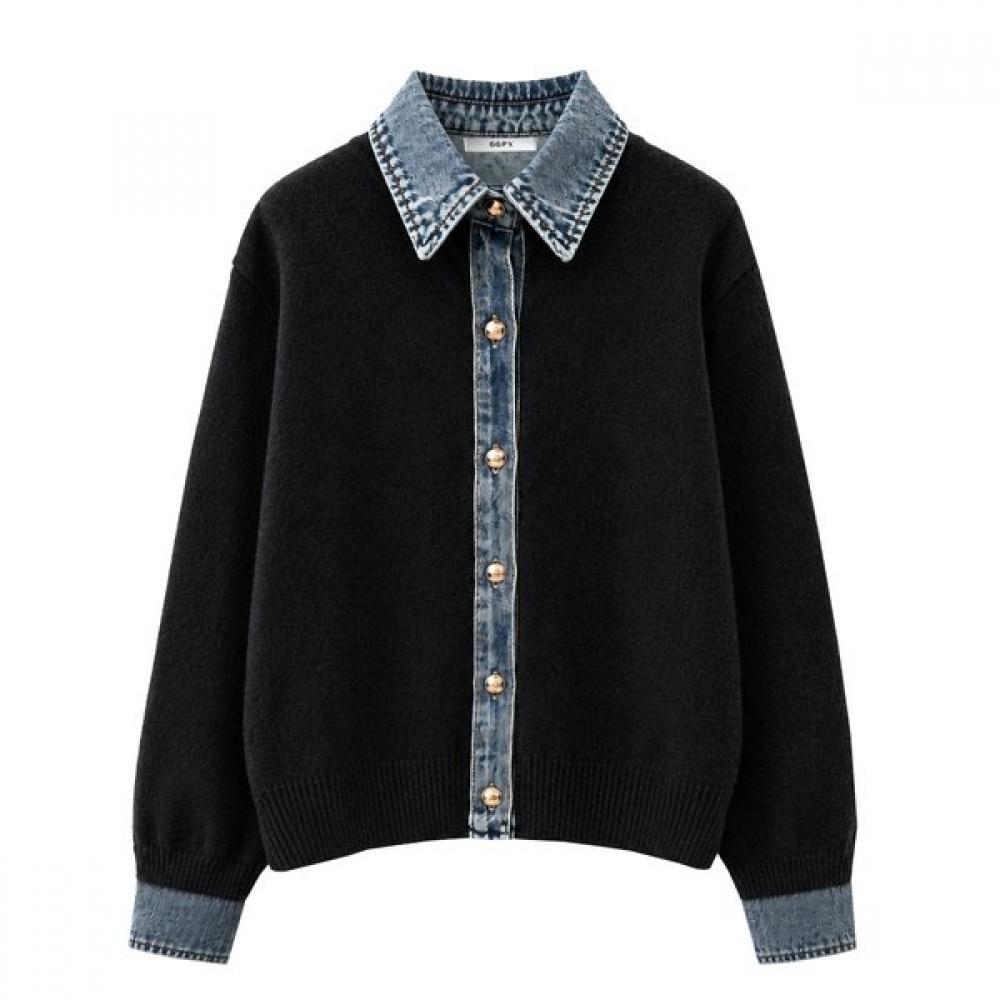 GGPX New York Women S Denim Collar Color Block Knit Cardigan Gq8kg015f