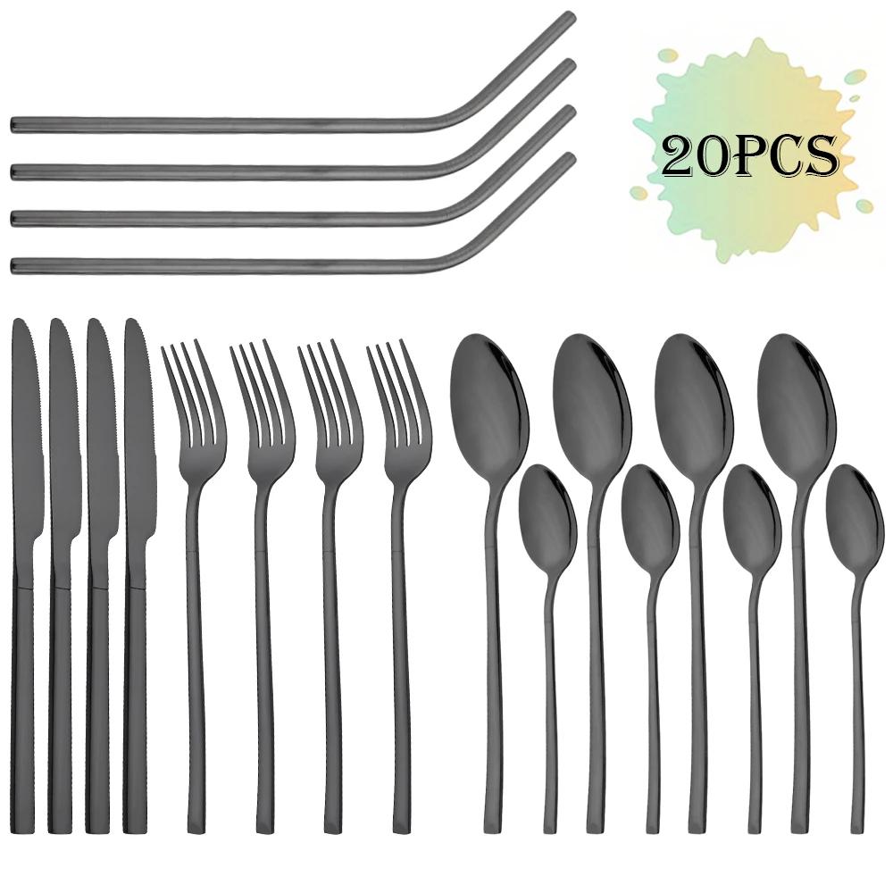 Set di stoviglie di lusso dorate da 20 pezzi Posate in acciaio inossidabile Coltello Forchetta Cucchiaio Cucchiaino Cannuccia in metallo Set di posate Posate da cucina
