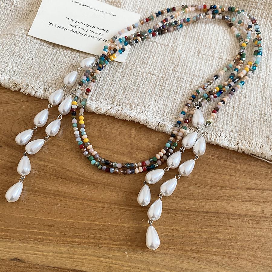 

Bohemian Crystal Pendant Necklace Women Beaded Pearl Water Drop Long Layering Necklaces Vacation Style Beach Jewelry Accessories разноцветный
