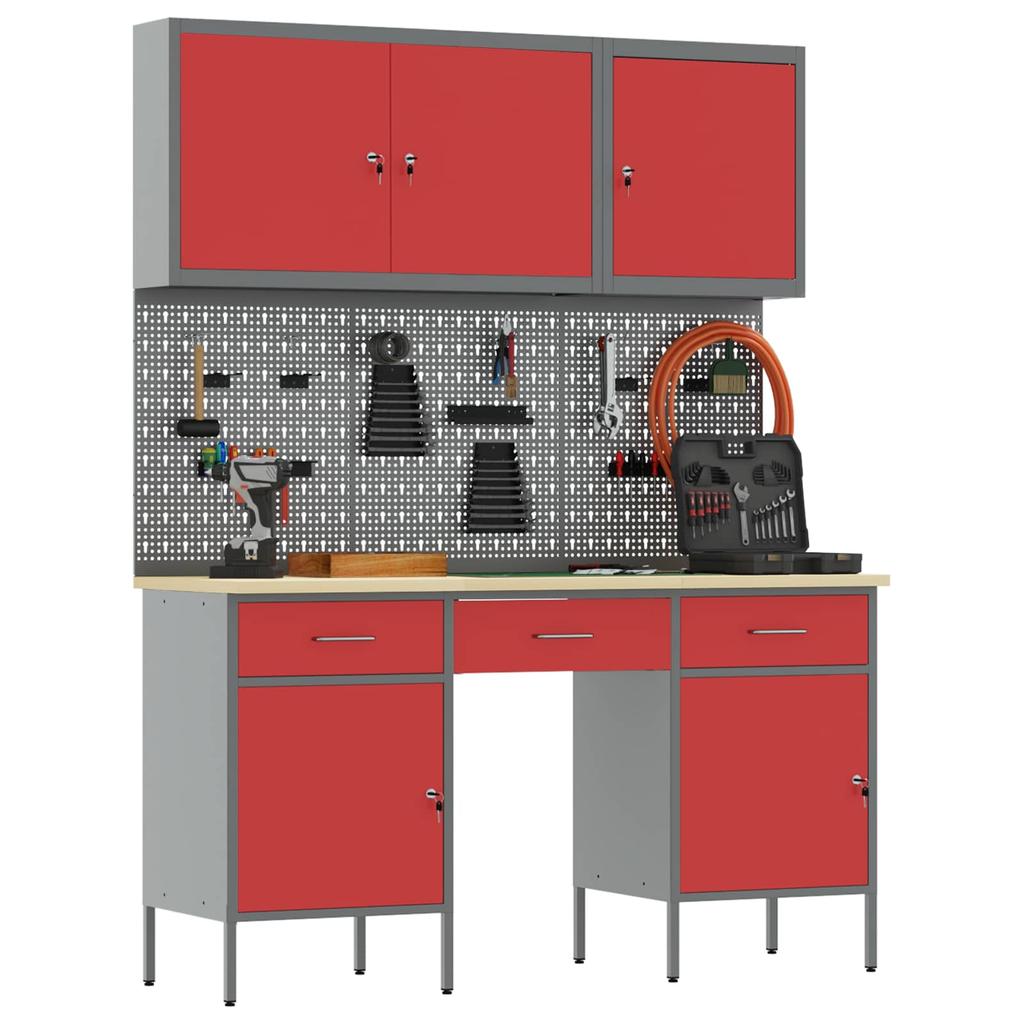 Workbench with Drawers 10 pcs Red Engineered Wood and Steel