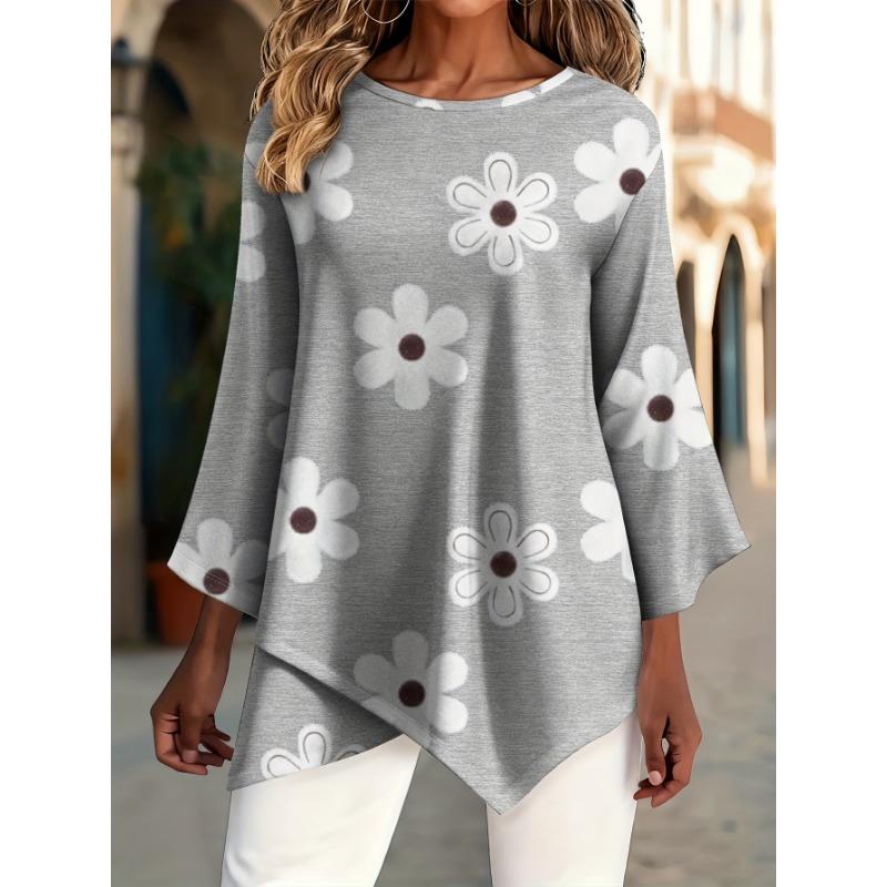 Summer and autumn fashion new large size round neck simple small white flower pattern print S