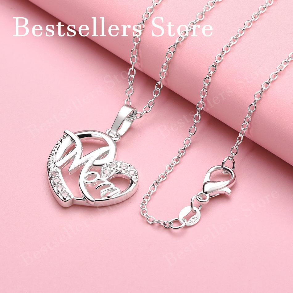 925 Sterling Silver 16-30 Inch Heart-shaped MOM Zircon Pendant Necklace, Women's Charm, Wedding Jewelry, Gift Accessories
