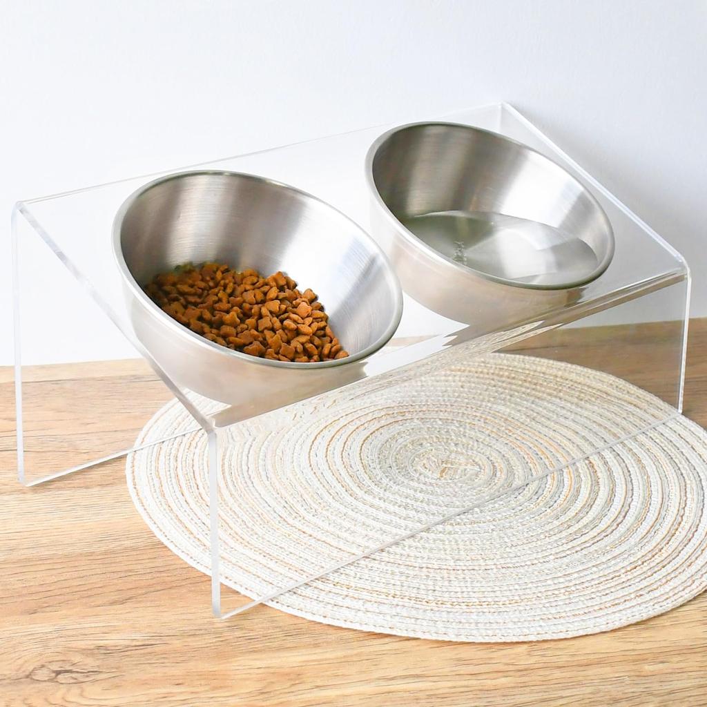 Athvcht Dog Bowl, Pet Feeder, Cat Bowl, Stainless Steel, Acrylic, Pet Feeder Stand with Food Bowl and Stand, 15-Degree Tilt, Shatter-Resistant Cat