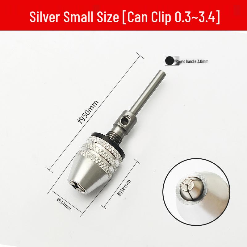 Quick-Change Mini Electric Drill with Three-Jaw Chuck, Hex Extension Rod, and Twist Drill Bit Adapter.