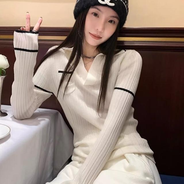 

Белый трикотажный базовый слой с воротником поло для женщин, осень-зима, в стиле ретро, с цветными блоками, облегающий свитер, уникальный топ в стиле кэжуал XL белый