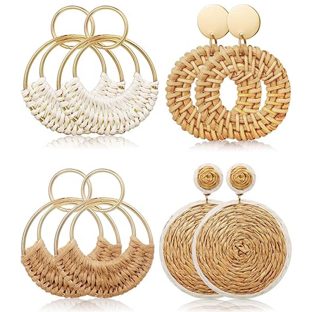 Bohemian Straw Hoop Earrings Natural Raffia Wicker Rattan Earrings for Women Summer Beach Party Festival Zircon