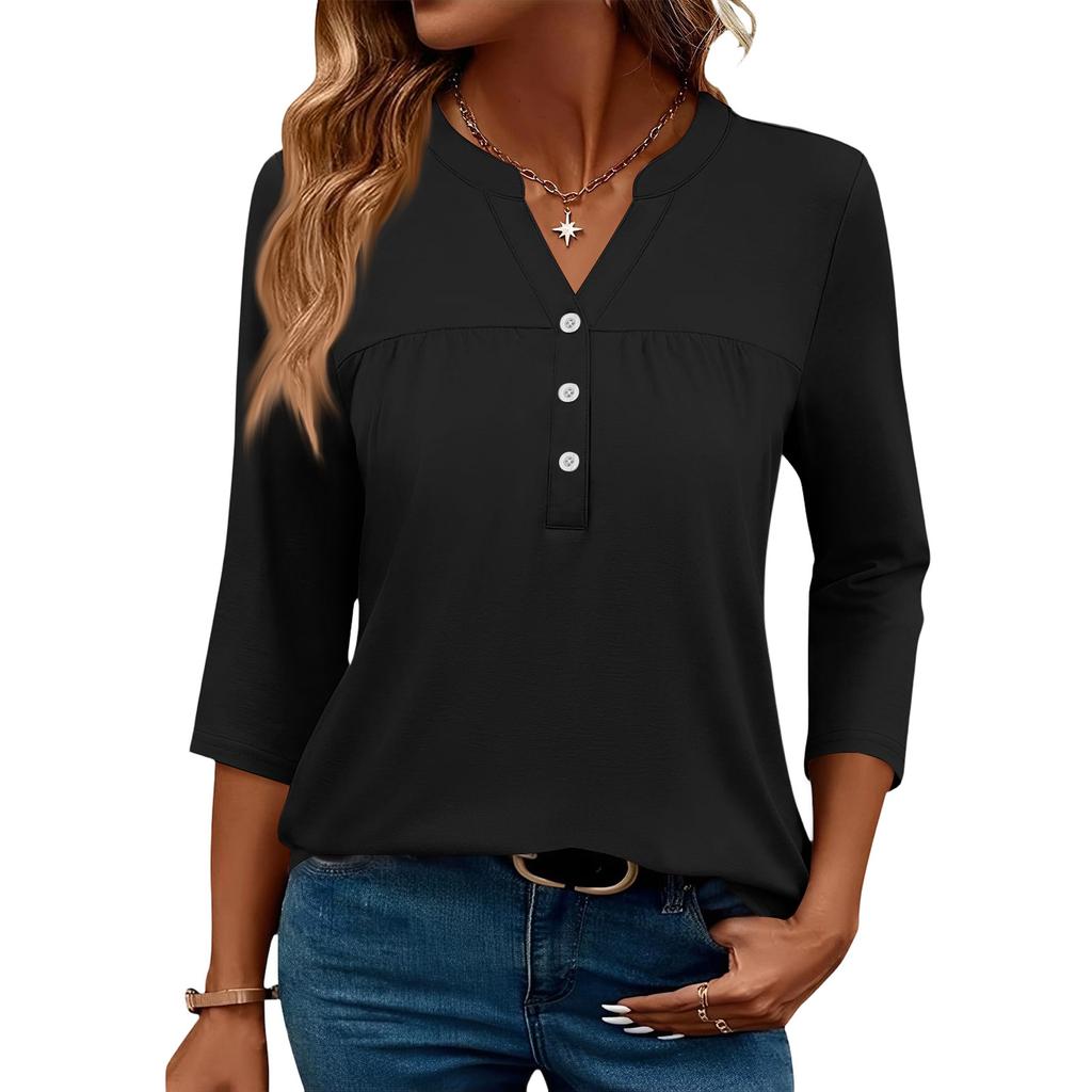 Women's Fashionable Casual Color V-Neck Decorative Button Three-Quarter Sleeve T-Shirt Top