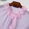 INCERUN Men Long Sleeve Ruffled Hem See Through Tops Party Mesh Shirts