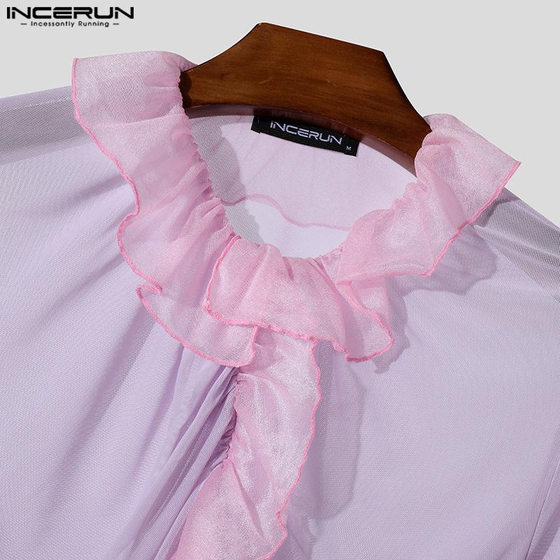INCERUN Men Long Sleeve Ruffled Hem See Through Tops Party Mesh Shirts