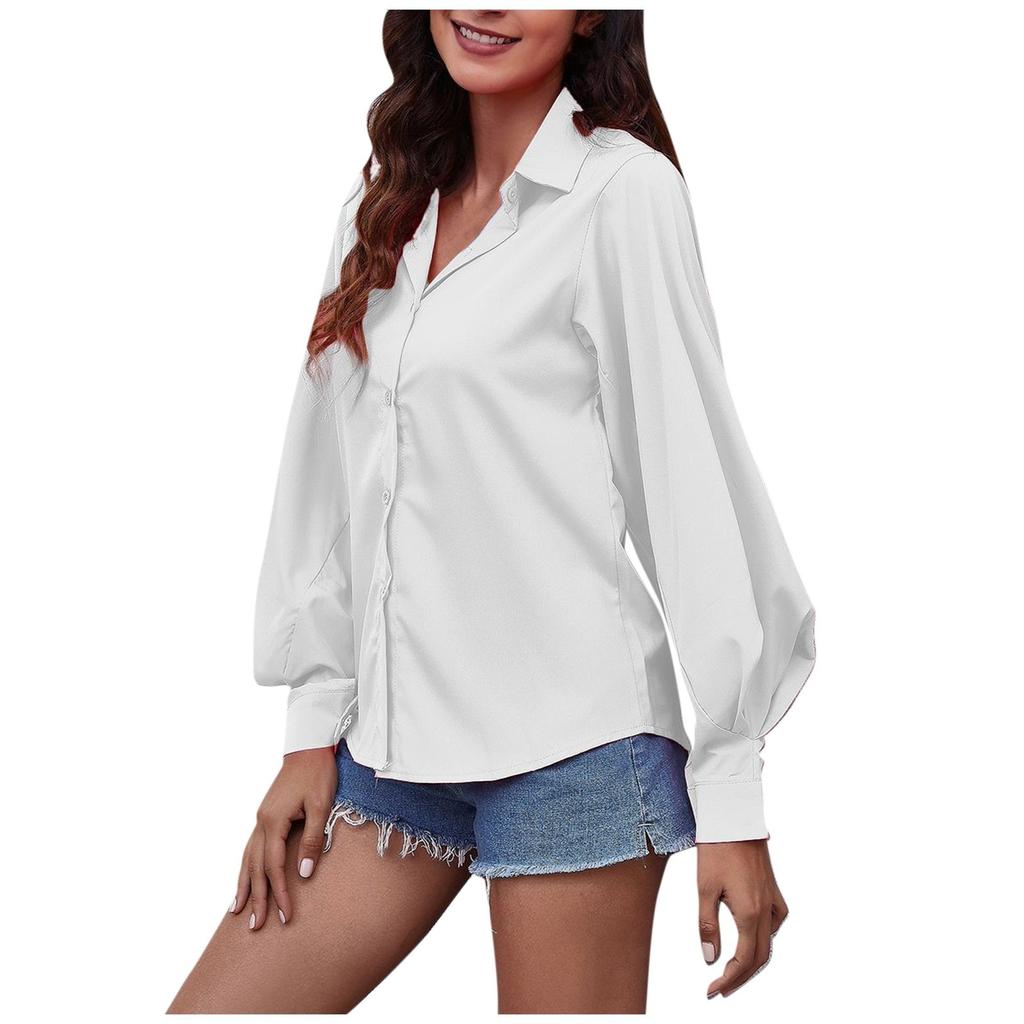 Women's Slim Fit Solid Color Lapel Long Sleeve Shirt Top T-Shirt