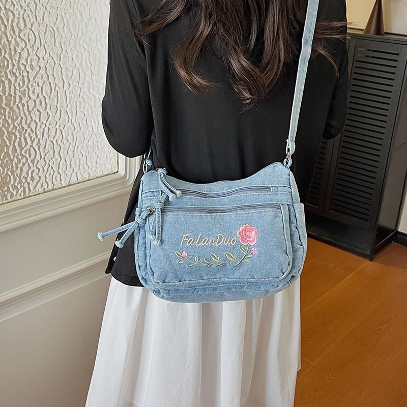 Jeansowa Haftowana Torba na Ramię Damska Torebka Miejska Torba Crossbody