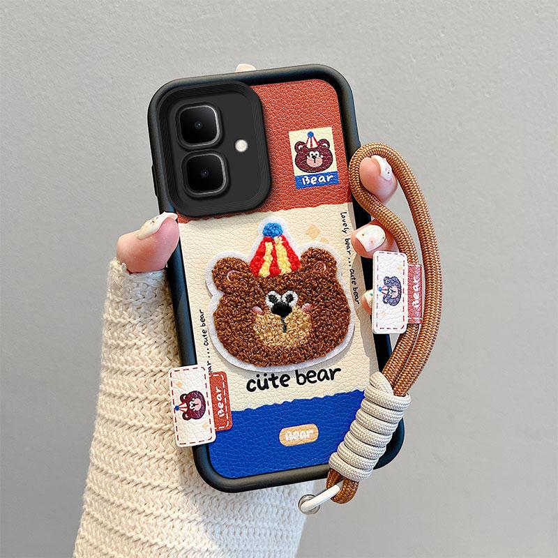 KEYSION Cartoon Cute Plush Embroidery Case for Infinix Smart 10 with Lanyard Silicone Shockproof Phone Cover for Infinix Smart 10