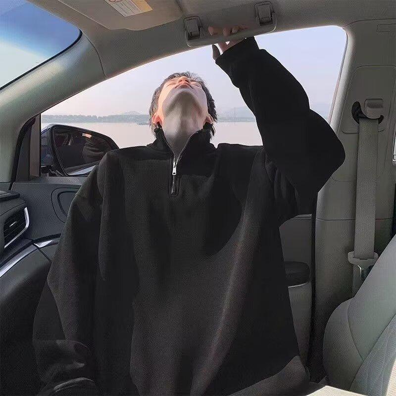 Unisex Stand Collar Half-Zip Solid Color Hoodie - Trendy, Versatile, and Casual Loose Fit Top