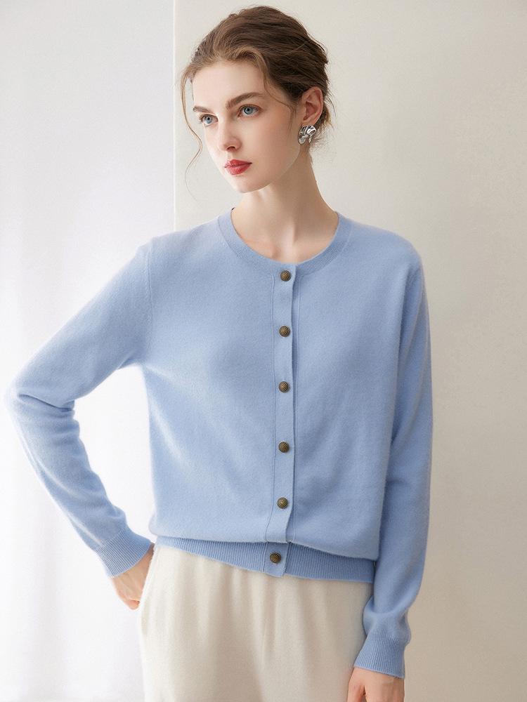 Women's 2026 Autumn/Winter Pure Cashmere Round Neck Cardigan - Single-Breasted, Commuter Style Sweater Jacket