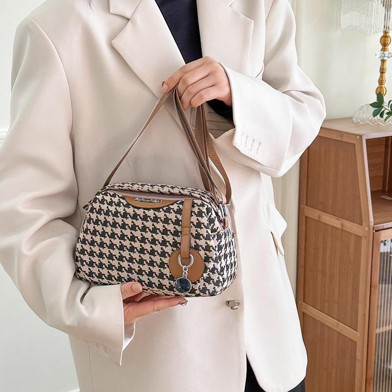 New Canvas Women's Shoulder Bag Fashionable Solid Color Large Capacity Thousand Bird Grid Versatile Casual Messenger Bag Double Main Bag
