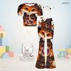Girls Round Neck Short Sleeve Panda Ghost Printed Top And Flared Pants Two Piece Set