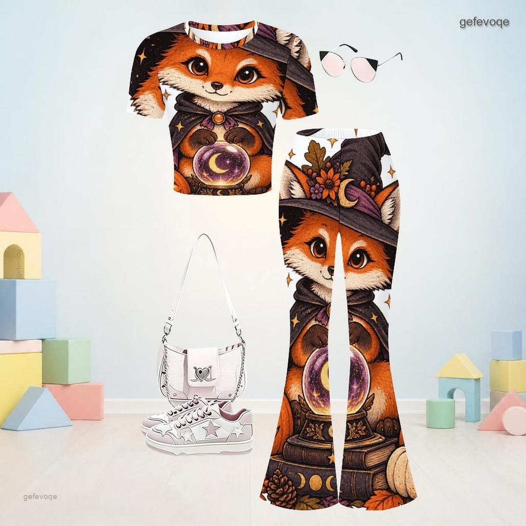 Girls Round Neck Short Sleeve Panda Ghost Printed Top And Flared Pants Two Piece Set