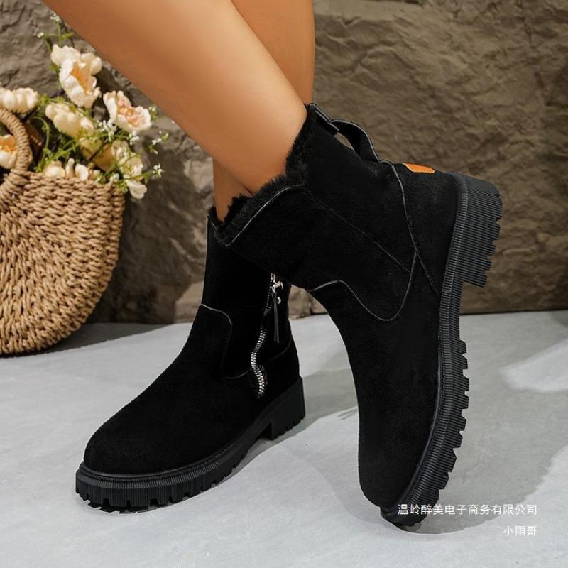 Cross-border Large Size Side Zipper Medium Tube Snow Boots Women's Winter New Retro Velvet Thickened Snow Boots Cotton Boots