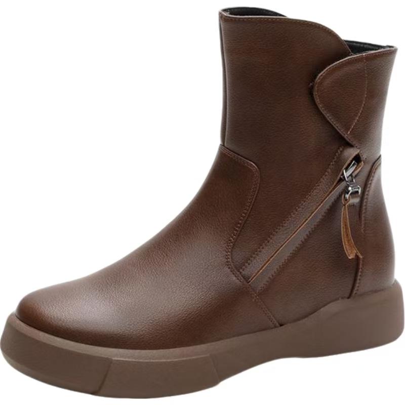 Women Real Leather Flat Sole Ankle Boots Autumn Winter New Soft Sole Non Slip Plush Keep Warm High Top Zippers Cotton Boots