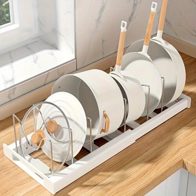 Expandable Dish Rack Pans Organizer Rack Adjustable Compartments Dish Storage Rack Pot Lid Organizer Kitchen Utensils Rack