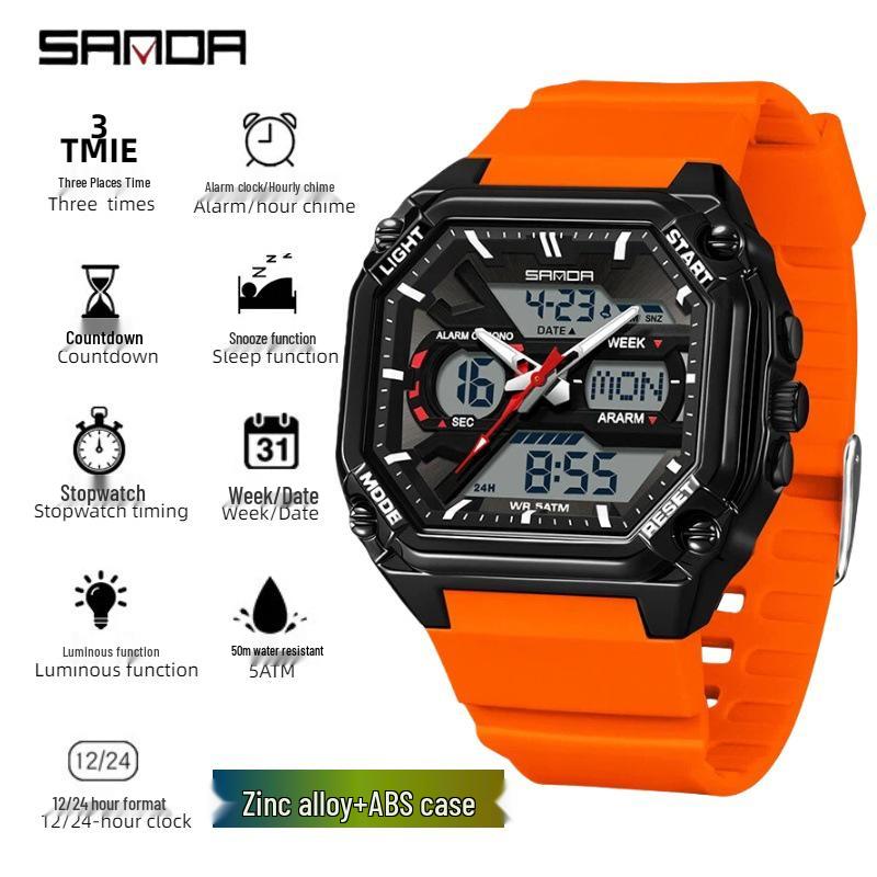 Sanda Men's Multi-Functional Sports Embossed Square Watch with Three-Zone Time and Alarm.