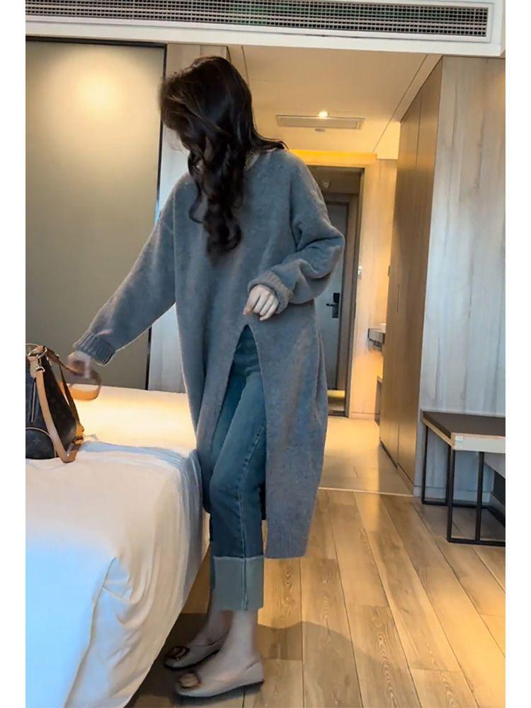 

Продвинутый и непринужденный пуловер, вязаное платье с боковым разрезом для женщин, неправильный силуэт, базовый, свитер длиной до колена, длинная юбка One Size серый