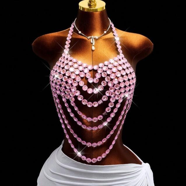 Hot Sale Pearl-style Strap Resort Style Summer Beach Fashionable Beads Chain Beaded Body Chain Purple Top Vest