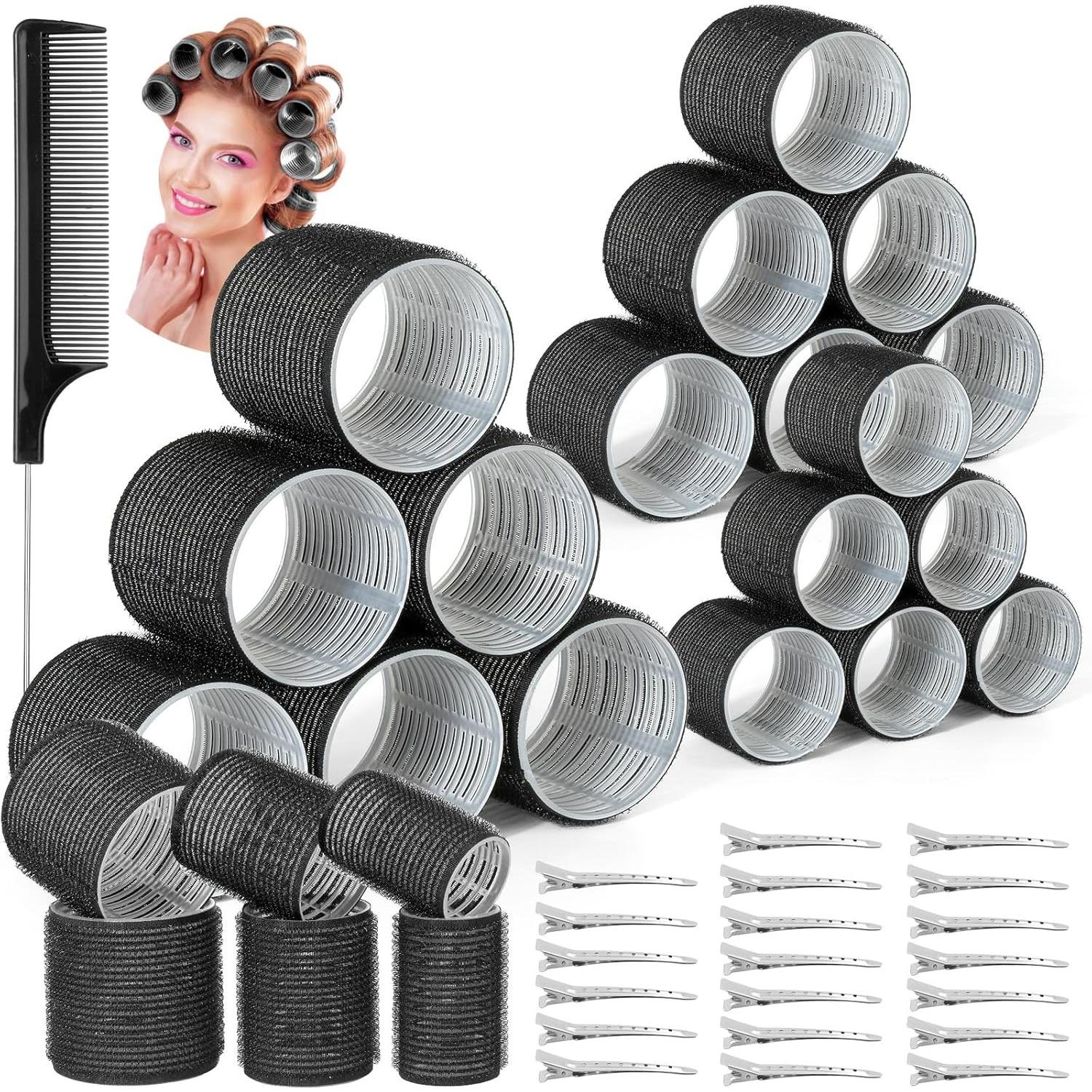 

39PCS Self Grip Hair Rollers Curlers 3 Sizes Black Hair Roller 2.5in, 1.9in, 1.4in, Jumbo Hair Roller with 12PCS Duckbill Clips Hair Rollers for Long L1