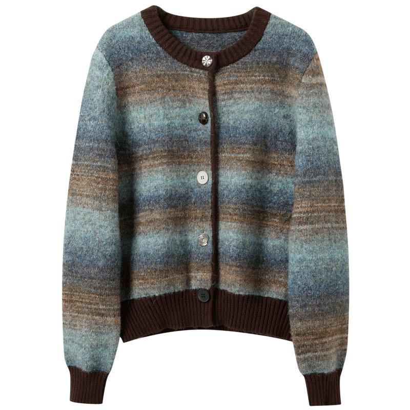 Sancai Winter Gradient Striped Button-Up Knit Cardigan