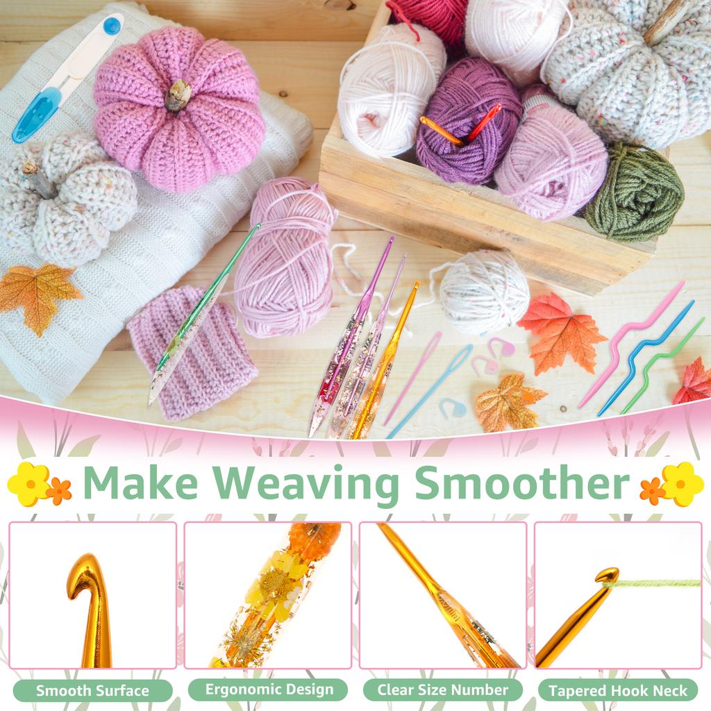 9/12 Pcs Crochet Hook Set Ergonomic Crochet Hooks with Storage Bag Floral Resin Plastic Practical Crochets Hooks Set for Weaving
