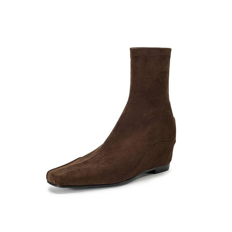 Neue Damen Elastische Wildleder Ritterstiefel Schaft Mittelhoher Absatz Quadratische Spitze Große Größe Damenstiefel Herbst und Winter Vielseitige Keilabsatz Mittelstiefel