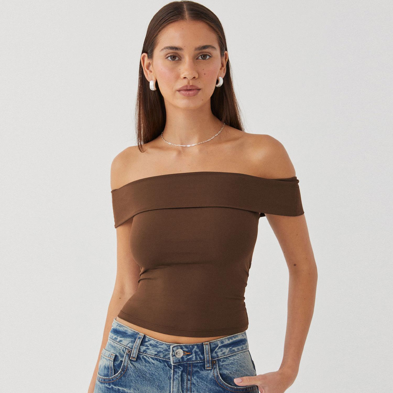 

Жіноча літня нова сексуальна футболка з бюстьє на одне плече Hot Girl Pure Desire Wind Tops XL кавовий