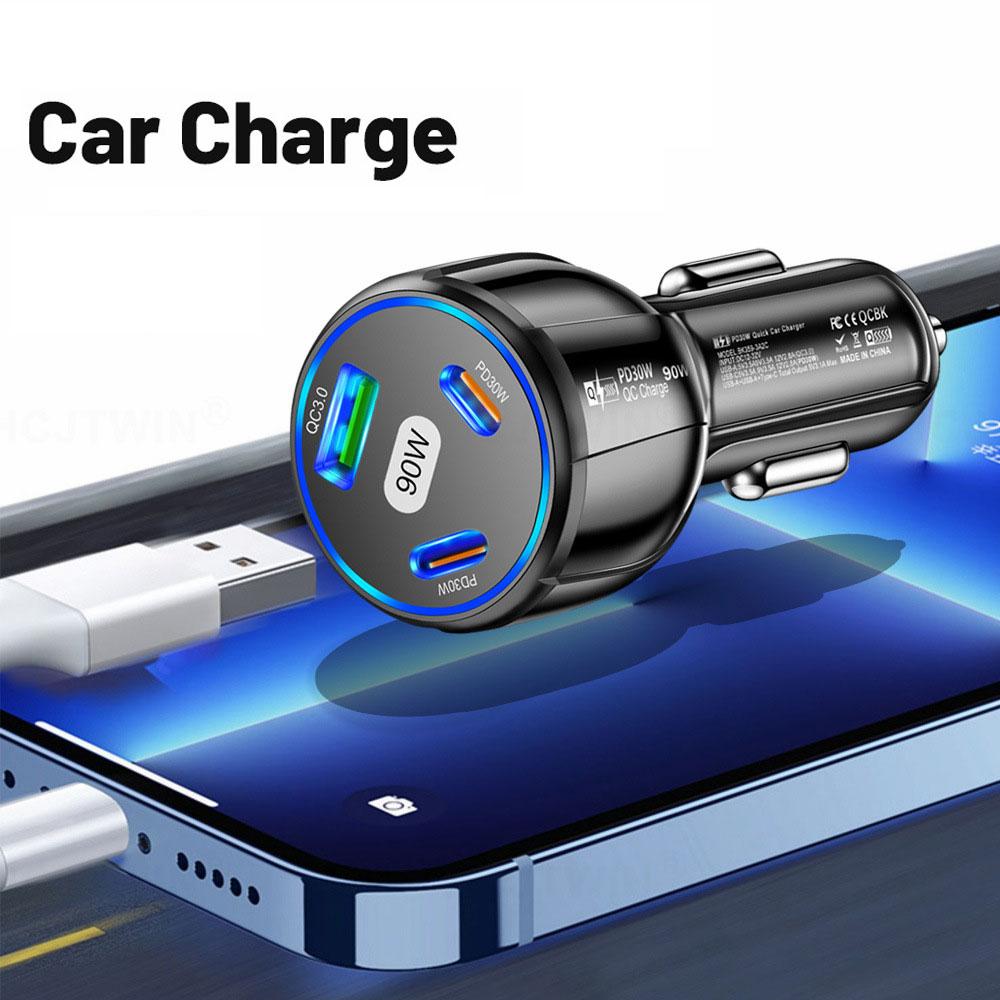 1Pc 90W LED Car Charger 3 Ports Fast Charge PD USB C Car Phone Charger Type C Adapter In Car Universal Auto Interior Accessories