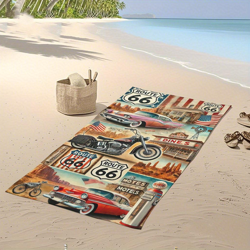 1Pc Route 66 Retro Beach Towel, Ultra Soft Quick Dry Large Towel For Pool Travel Road Trip, Ideal Gift For Car Lovers